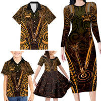 Personalised New Zealand Darts Family Matching Long Sleeve Bodycon Dress and Hawaiian Shirt Gold Dart Board Maori Pattern LT05 - Polynesian Pride