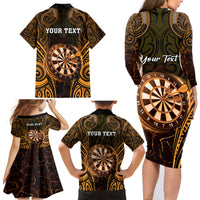 Personalised New Zealand Darts Family Matching Long Sleeve Bodycon Dress and Hawaiian Shirt Gold Dart Board Maori Pattern LT05 - Polynesian Pride
