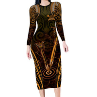 Personalised New Zealand Darts Family Matching Long Sleeve Bodycon Dress and Hawaiian Shirt Gold Dart Board Maori Pattern LT05 Mom's Dress Gold - Polynesian Pride