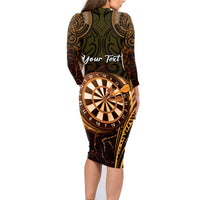 Personalised New Zealand Darts Family Matching Long Sleeve Bodycon Dress and Hawaiian Shirt Gold Dart Board Maori Pattern LT05 - Polynesian Pride