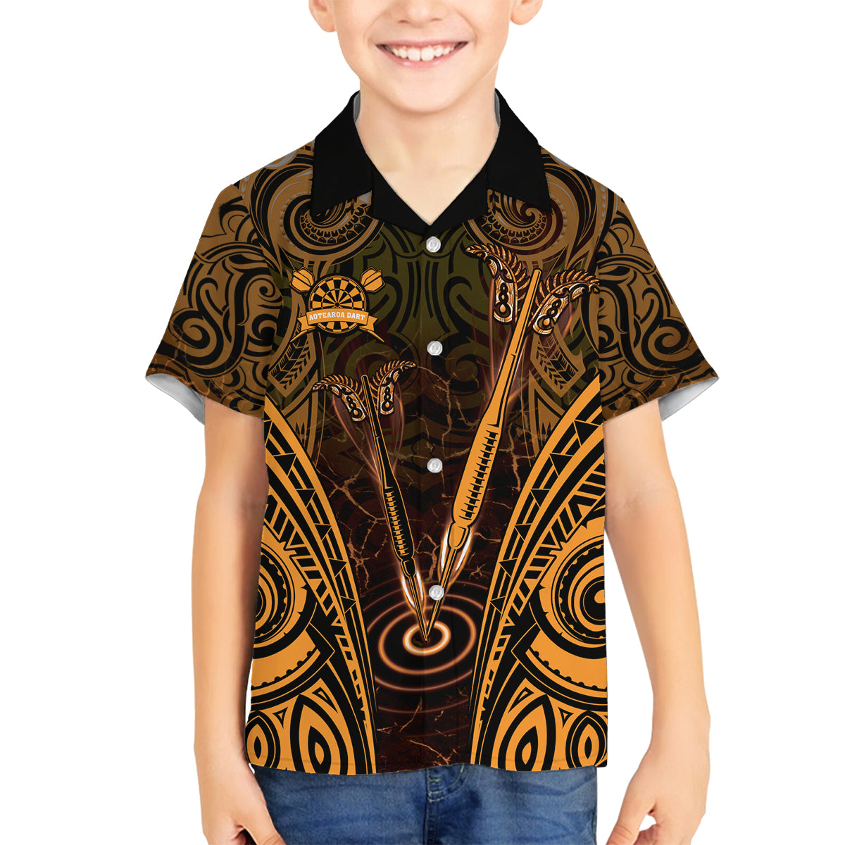 Personalised New Zealand Darts Family Matching Long Sleeve Bodycon Dress and Hawaiian Shirt Gold Dart Board Maori Pattern LT05 Son's Shirt Gold - Polynesian Pride