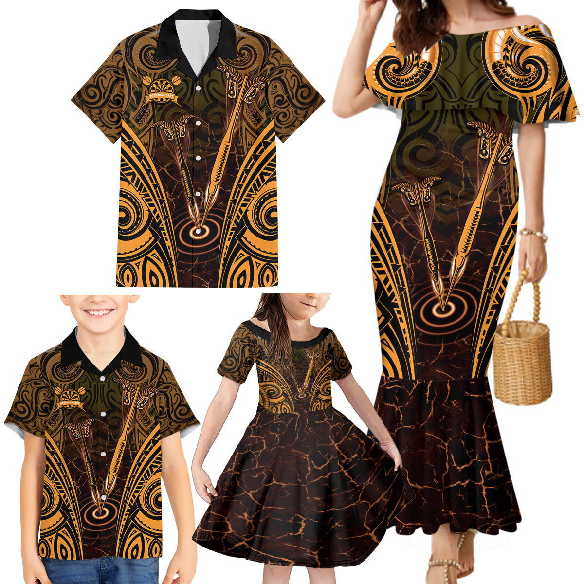 Personalised New Zealand Darts Family Matching Mermaid Dress and Hawaiian Shirt Gold Dart Board Maori Pattern LT05 - Polynesian Pride