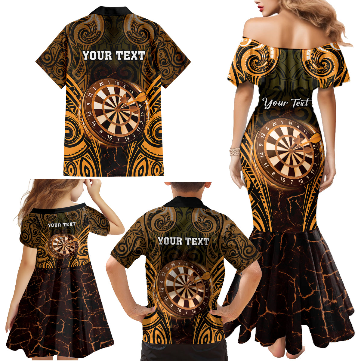 Personalised New Zealand Darts Family Matching Mermaid Dress and Hawaiian Shirt Gold Dart Board Maori Pattern LT05 - Polynesian Pride