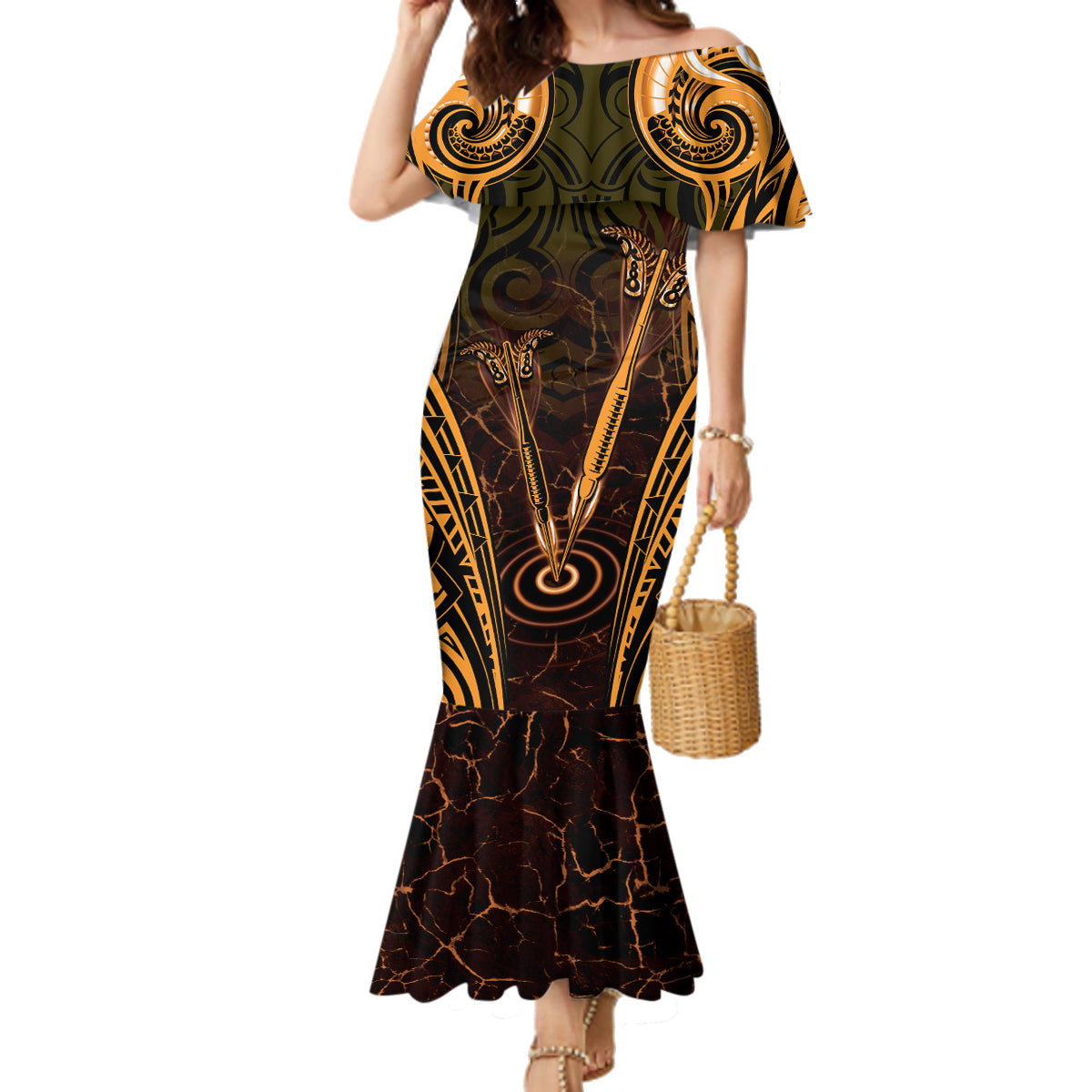 Personalised New Zealand Darts Family Matching Mermaid Dress and Hawaiian Shirt Gold Dart Board Maori Pattern LT05 Mom's Dress Gold - Polynesian Pride