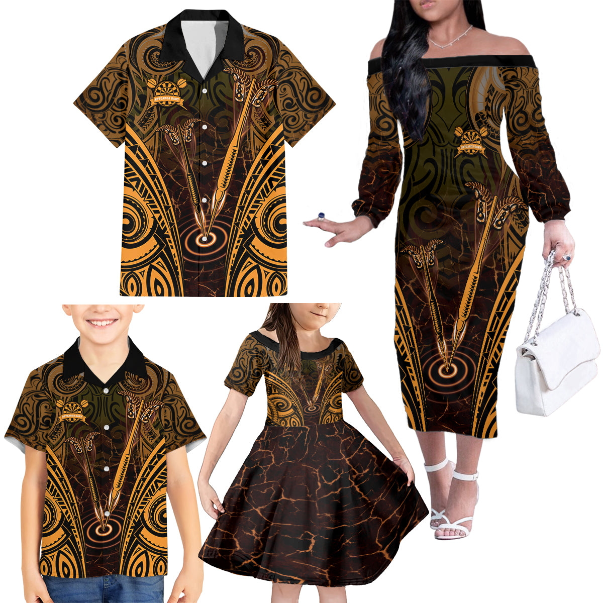 Personalised New Zealand Darts Family Matching Off The Shoulder Long Sleeve Dress and Hawaiian Shirt Gold Dart Board Maori Pattern LT05 - Polynesian Pride