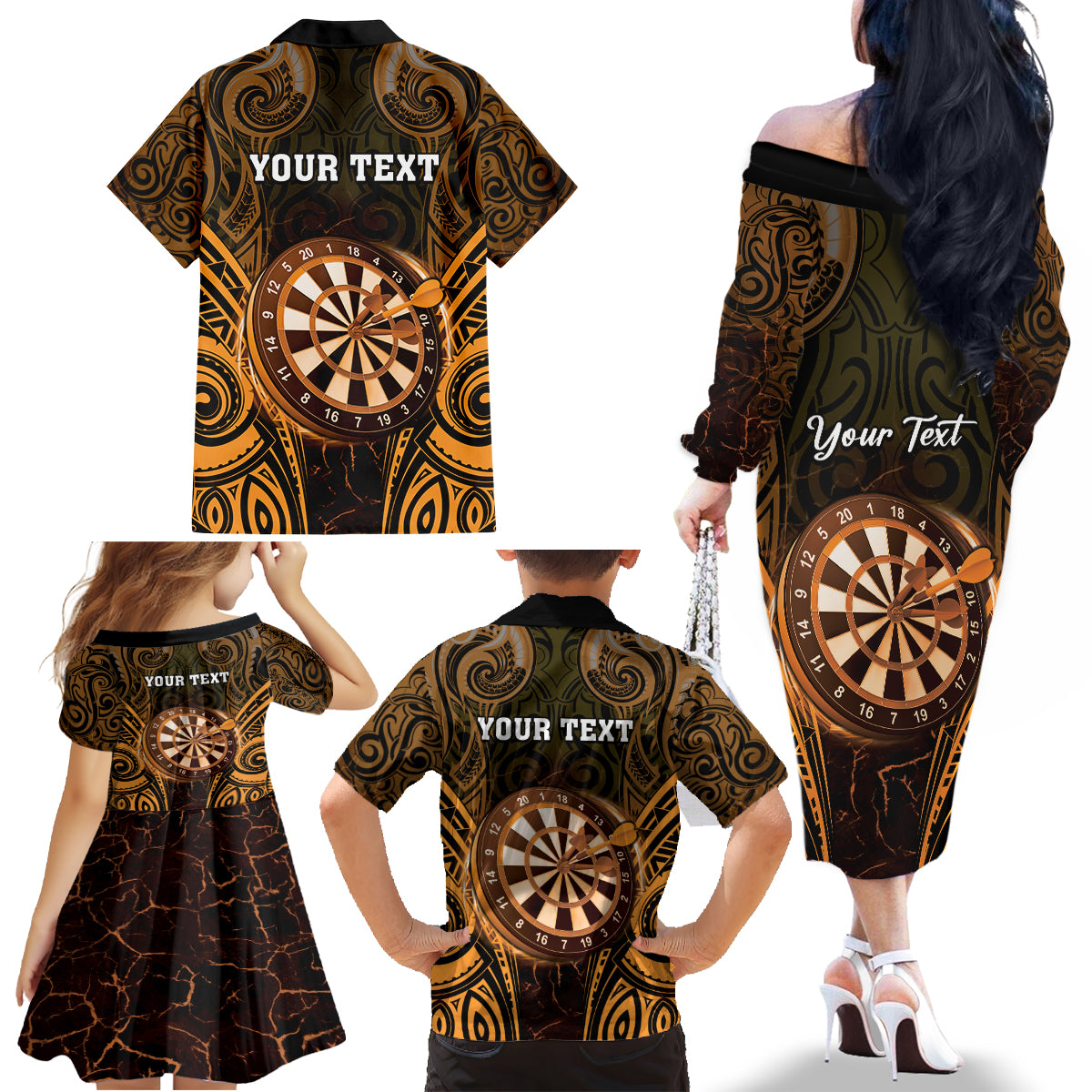 Personalised New Zealand Darts Family Matching Off The Shoulder Long Sleeve Dress and Hawaiian Shirt Gold Dart Board Maori Pattern LT05 - Polynesian Pride
