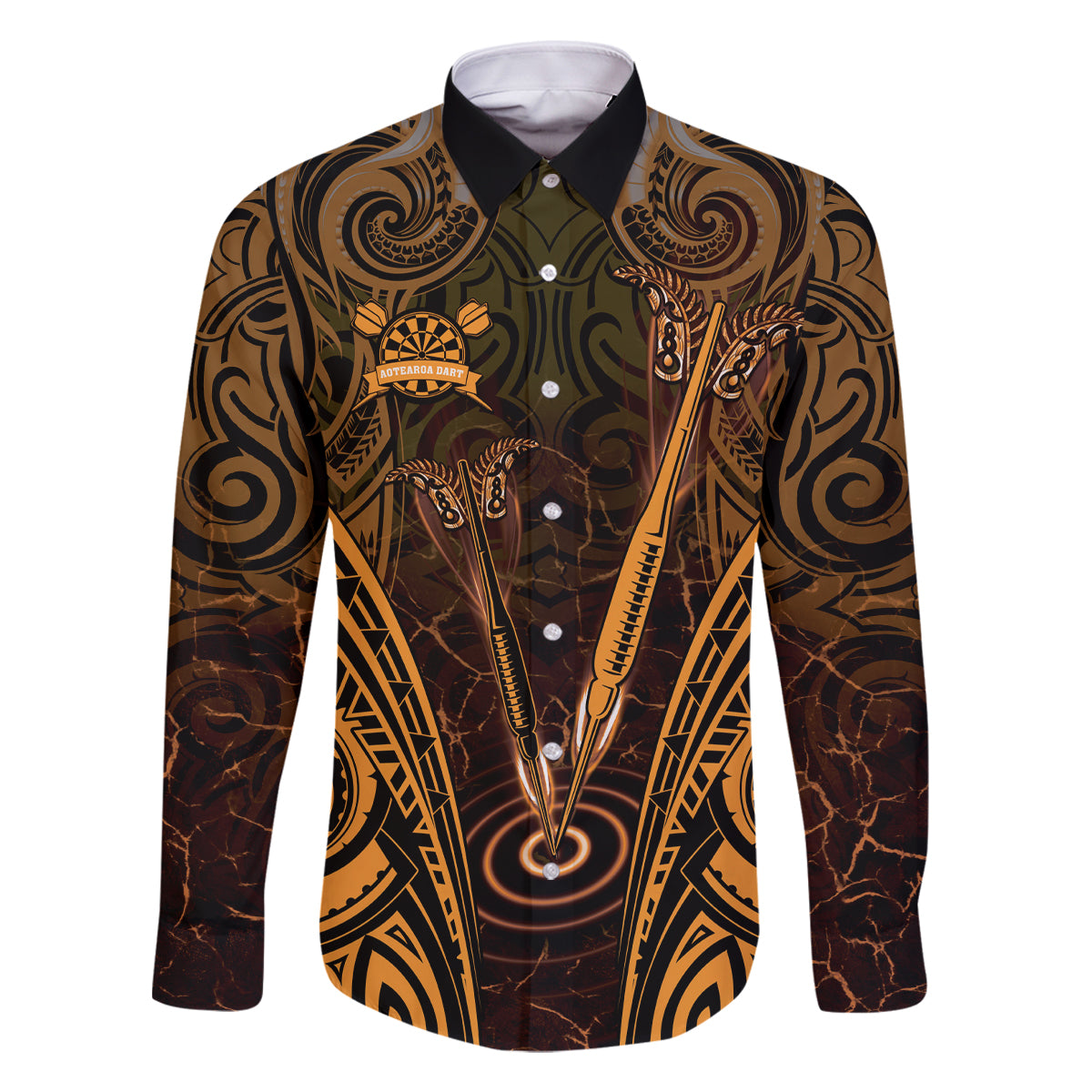 Personalised New Zealand Darts Family Matching Off The Shoulder Long Sleeve Dress and Hawaiian Shirt Gold Dart Board Maori Pattern LT05 Dad's Shirt - Long Sleeve Gold - Polynesian Pride