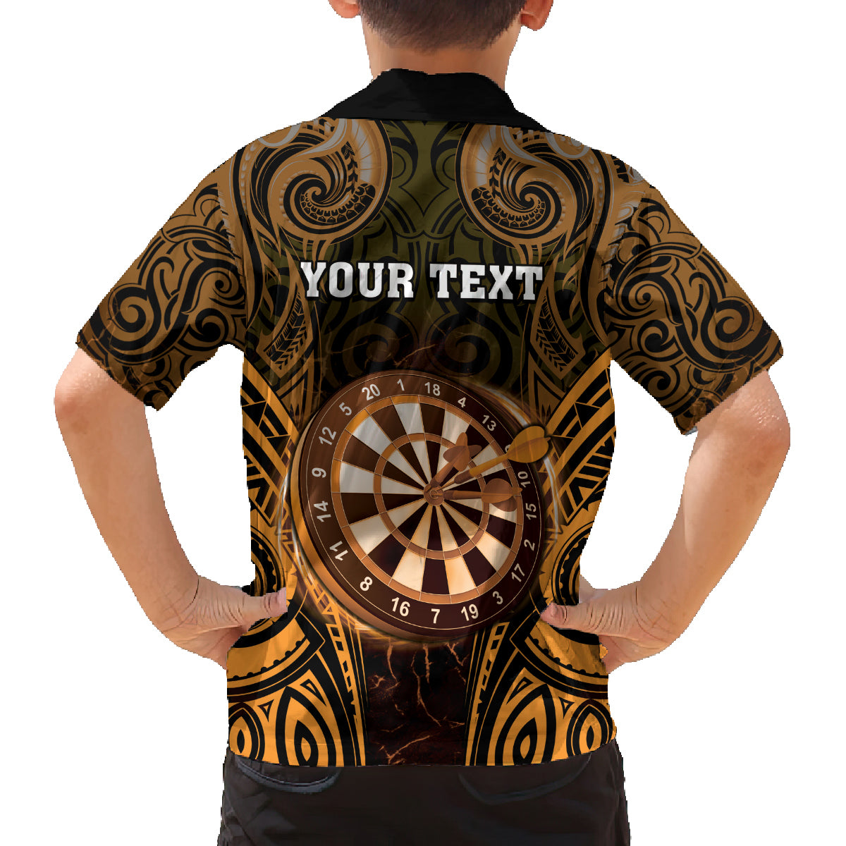 Personalised New Zealand Darts Family Matching Off Shoulder Maxi Dress and Hawaiian Shirt Gold Dart Board Maori Pattern LT05 - Polynesian Pride
