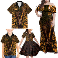 Personalised New Zealand Darts Family Matching Off Shoulder Maxi Dress and Hawaiian Shirt Gold Dart Board Maori Pattern LT05 - Polynesian Pride