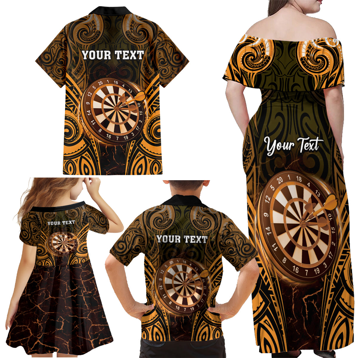 Personalised New Zealand Darts Family Matching Off Shoulder Maxi Dress and Hawaiian Shirt Gold Dart Board Maori Pattern LT05 - Polynesian Pride