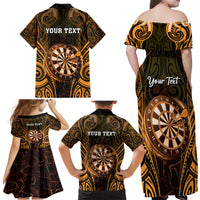 Personalised New Zealand Darts Family Matching Off Shoulder Maxi Dress and Hawaiian Shirt Gold Dart Board Maori Pattern LT05 - Polynesian Pride