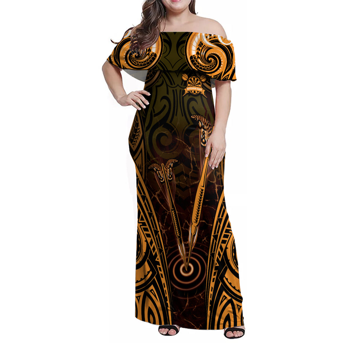 Personalised New Zealand Darts Family Matching Off Shoulder Maxi Dress and Hawaiian Shirt Gold Dart Board Maori Pattern LT05 Mom's Dress Gold - Polynesian Pride