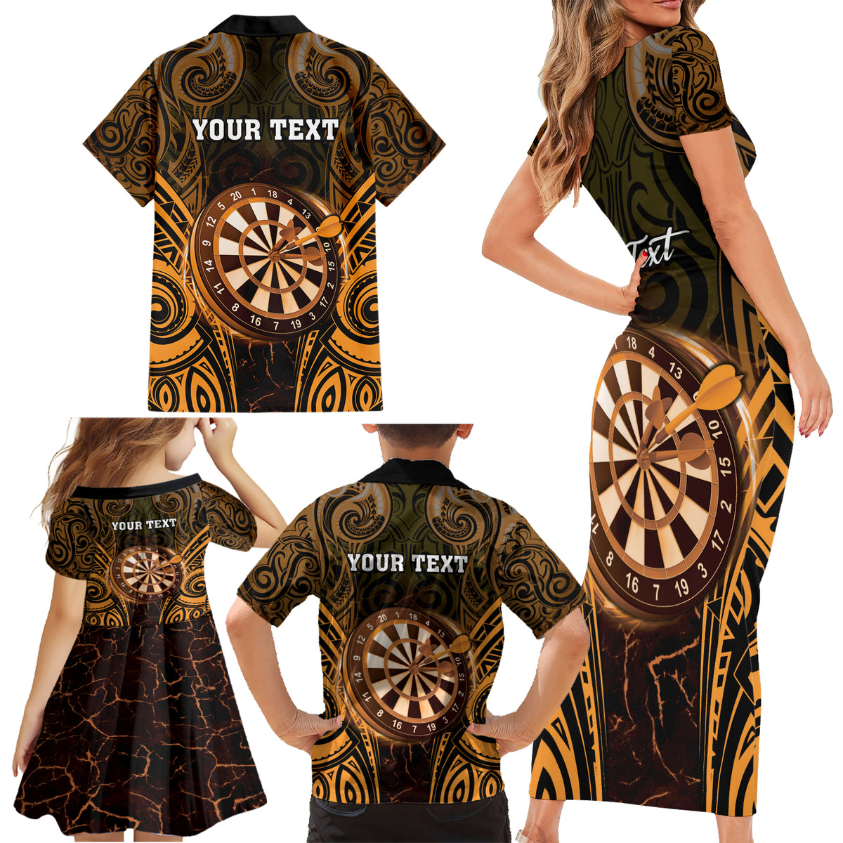 Personalised New Zealand Darts Family Matching Short Sleeve Bodycon Dress and Hawaiian Shirt Gold Dart Board Maori Pattern LT05 - Polynesian Pride