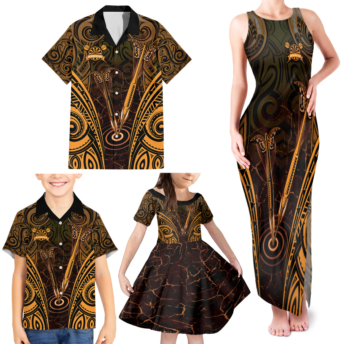 Personalised New Zealand Darts Family Matching Tank Maxi Dress and Hawaiian Shirt Gold Dart Board Maori Pattern LT05 - Polynesian Pride