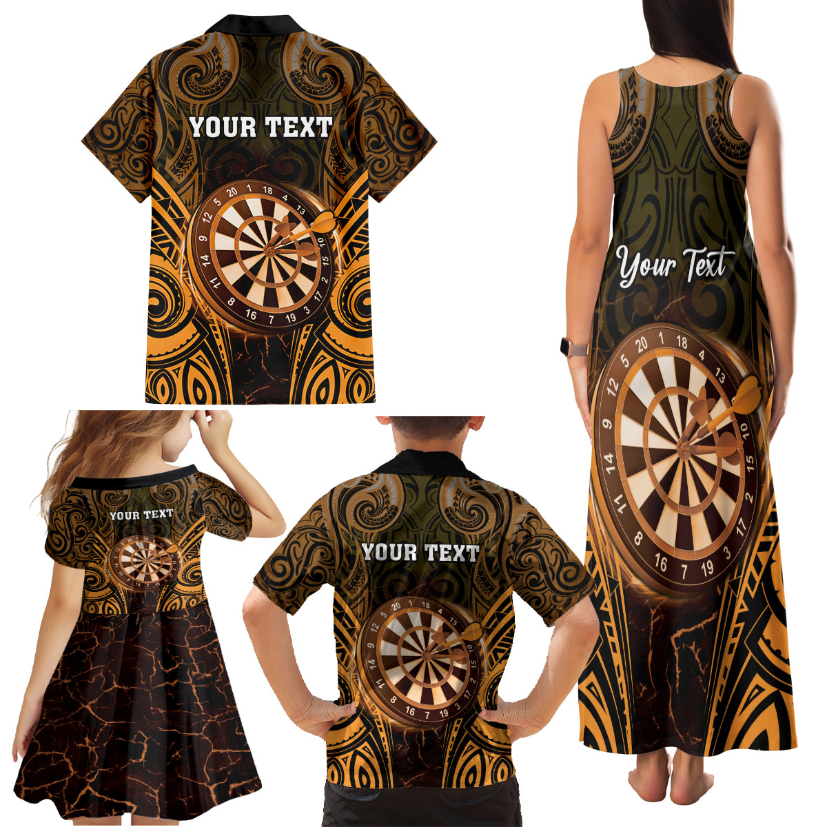 Personalised New Zealand Darts Family Matching Tank Maxi Dress and Hawaiian Shirt Gold Dart Board Maori Pattern LT05 - Polynesian Pride