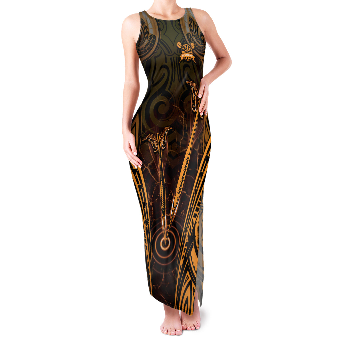 Personalised New Zealand Darts Family Matching Tank Maxi Dress and Hawaiian Shirt Gold Dart Board Maori Pattern LT05 Mom's Dress Gold - Polynesian Pride