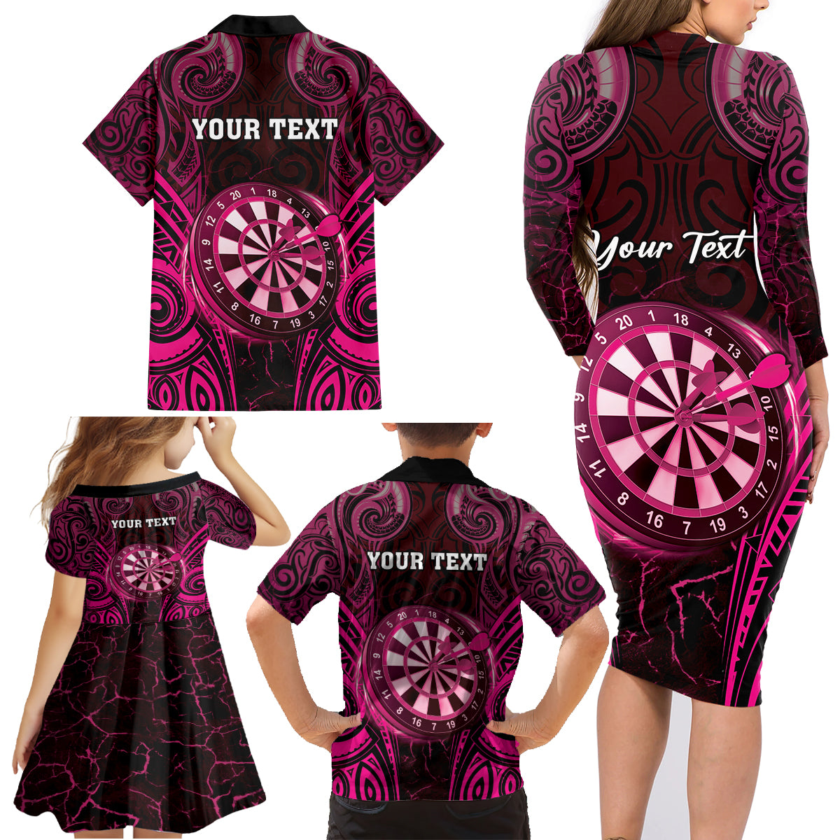 Personalised New Zealand Darts Family Matching Long Sleeve Bodycon Dress and Hawaiian Shirt Pink Dart Board Maori Pattern LT05 - Polynesian Pride
