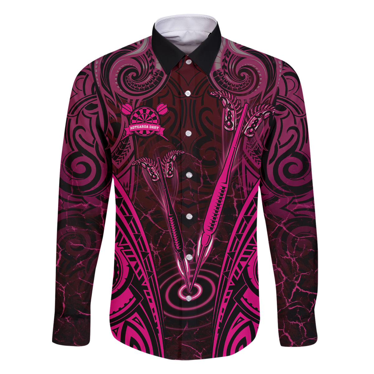 Personalised New Zealand Darts Family Matching Long Sleeve Bodycon Dress and Hawaiian Shirt Pink Dart Board Maori Pattern LT05 Dad's Shirt - Long Sleeve Pink - Polynesian Pride