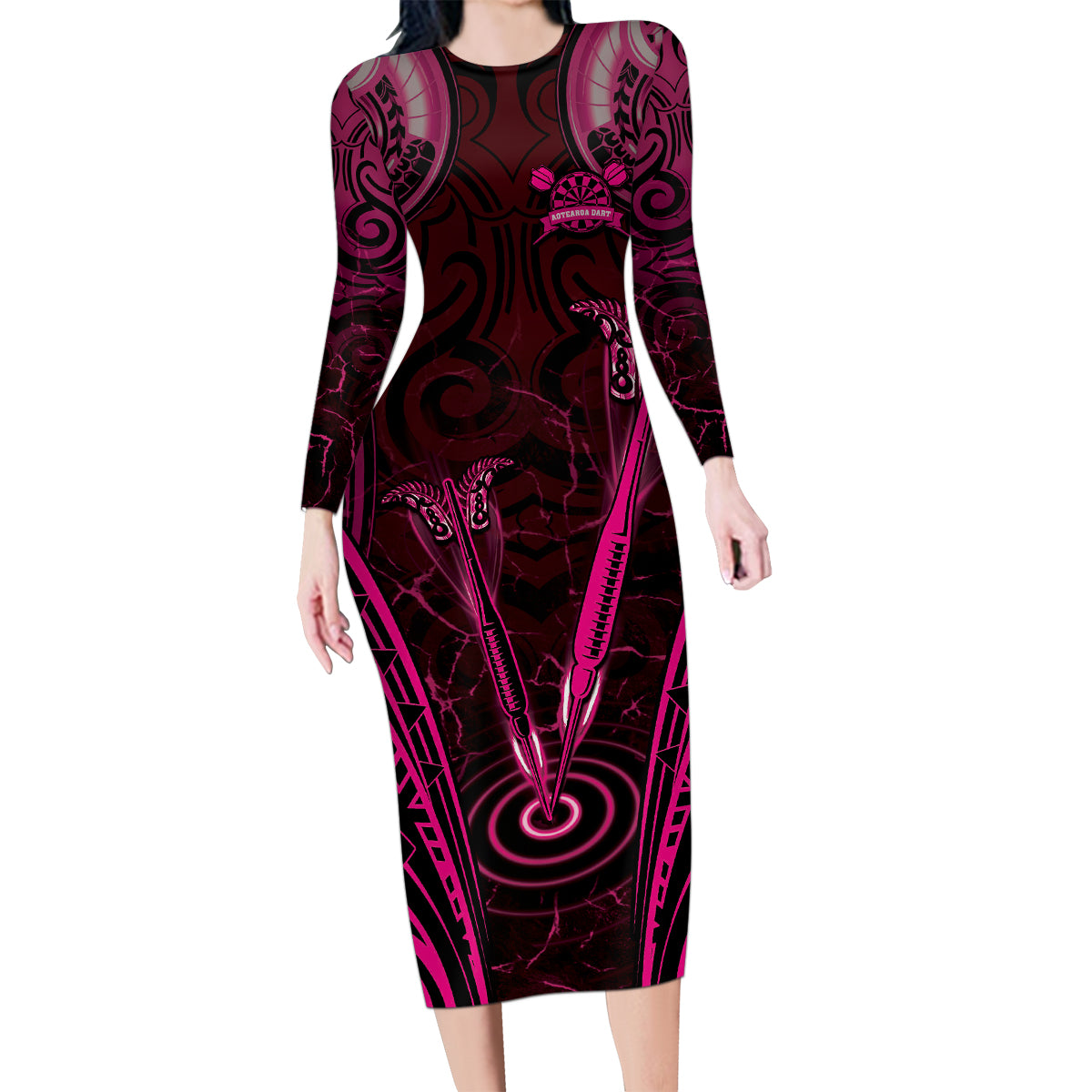 Personalised New Zealand Darts Family Matching Long Sleeve Bodycon Dress and Hawaiian Shirt Pink Dart Board Maori Pattern LT05 Mom's Dress Pink - Polynesian Pride