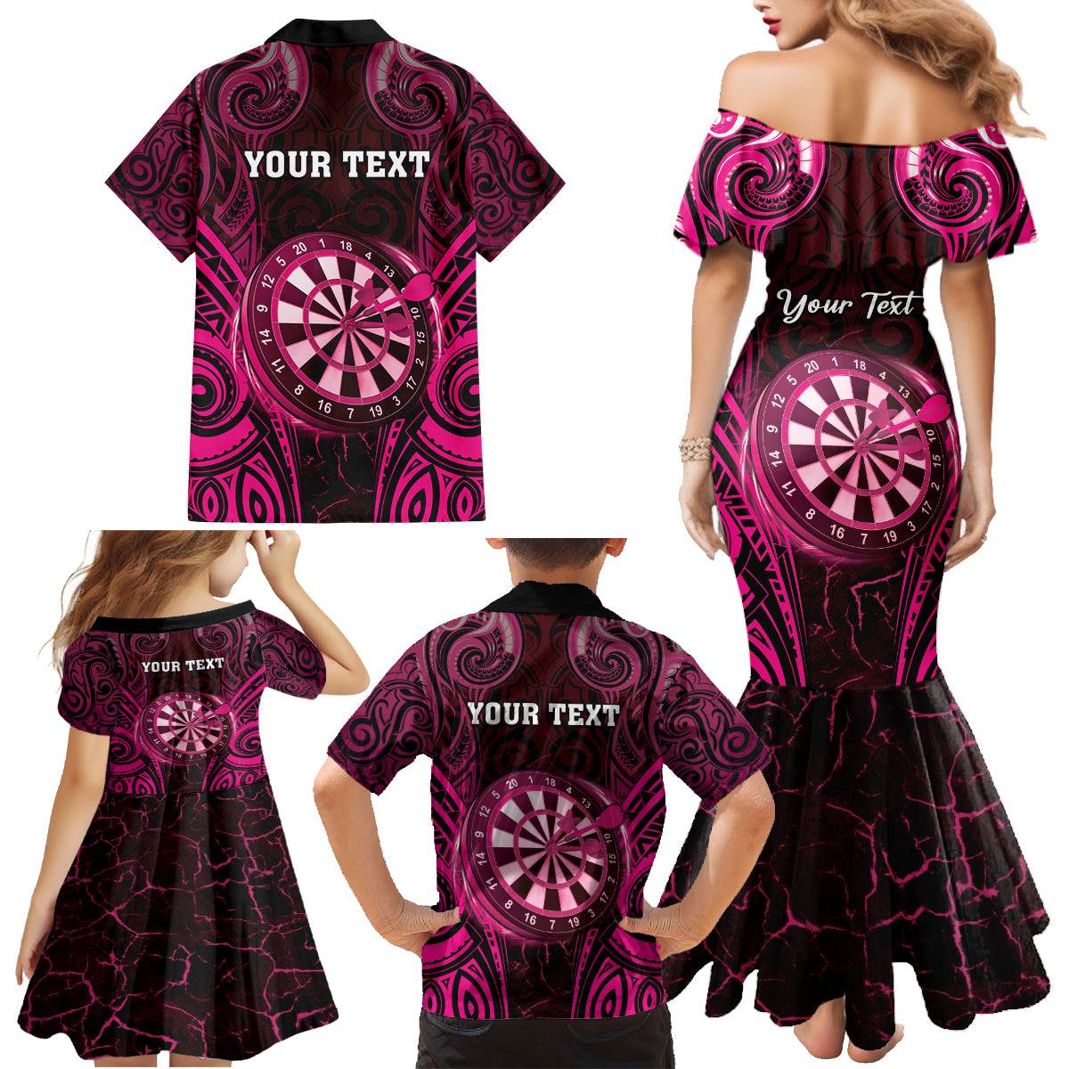 Personalised New Zealand Darts Family Matching Mermaid Dress and Hawaiian Shirt Pink Dart Board Maori Pattern LT05 - Polynesian Pride