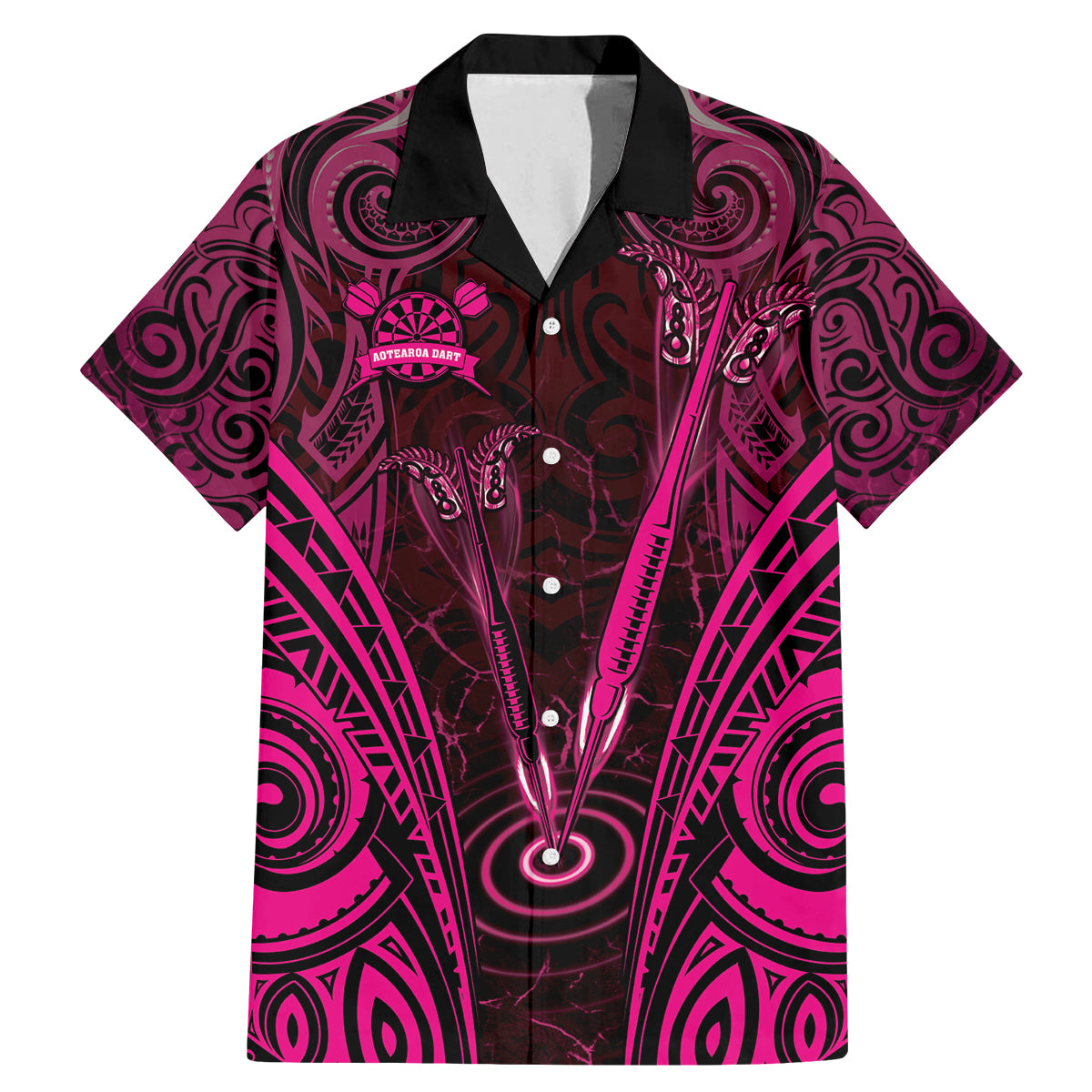 Personalised New Zealand Darts Family Matching Mermaid Dress and Hawaiian Shirt Pink Dart Board Maori Pattern LT05 Dad's Shirt - Short Sleeve Pink - Polynesian Pride