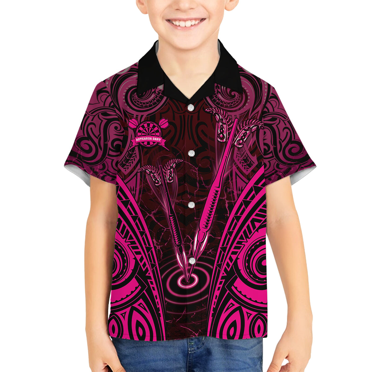 Personalised New Zealand Darts Family Matching Off The Shoulder Long Sleeve Dress and Hawaiian Shirt Pink Dart Board Maori Pattern LT05 Son's Shirt Pink - Polynesian Pride