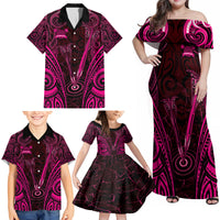 Personalised New Zealand Darts Family Matching Off Shoulder Maxi Dress and Hawaiian Shirt Pink Dart Board Maori Pattern LT05 - Polynesian Pride