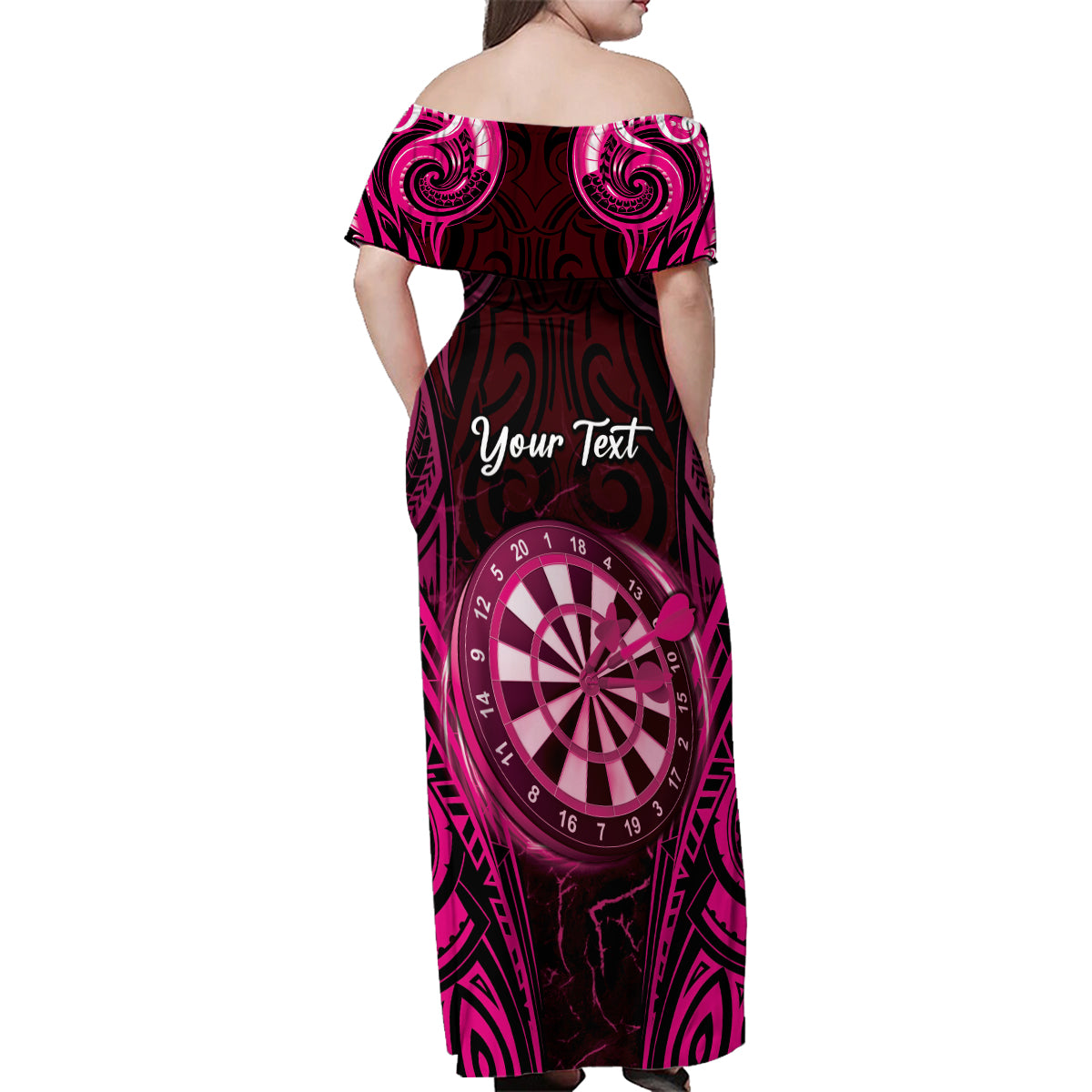 Personalised New Zealand Darts Family Matching Off Shoulder Maxi Dress and Hawaiian Shirt Pink Dart Board Maori Pattern LT05 - Polynesian Pride