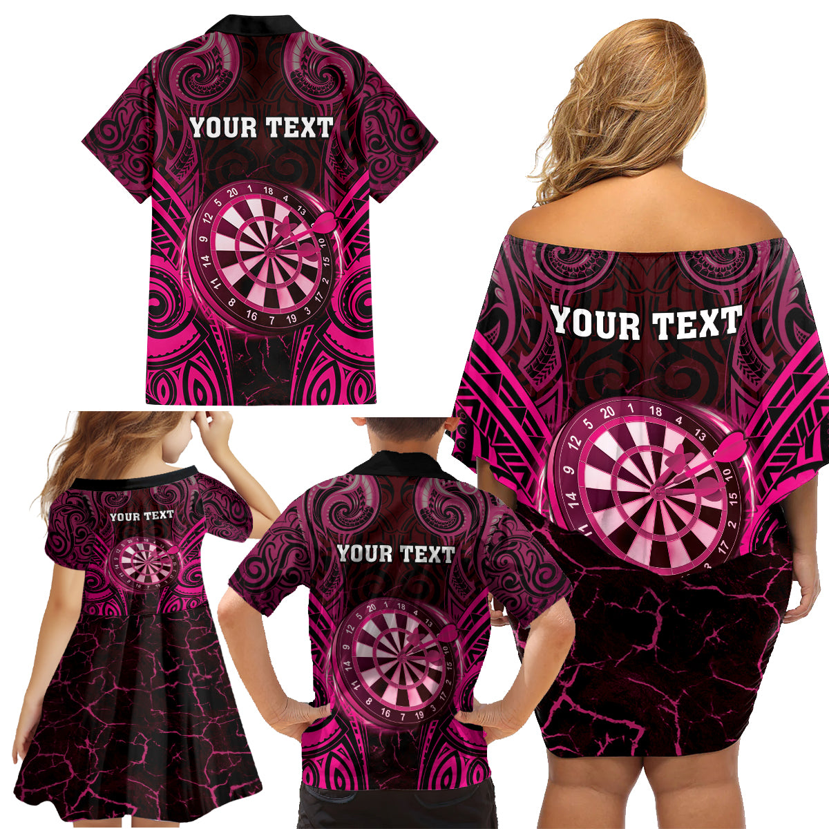 Personalised New Zealand Darts Family Matching Off Shoulder Short Dress and Hawaiian Shirt Pink Dart Board Maori Pattern LT05 - Polynesian Pride