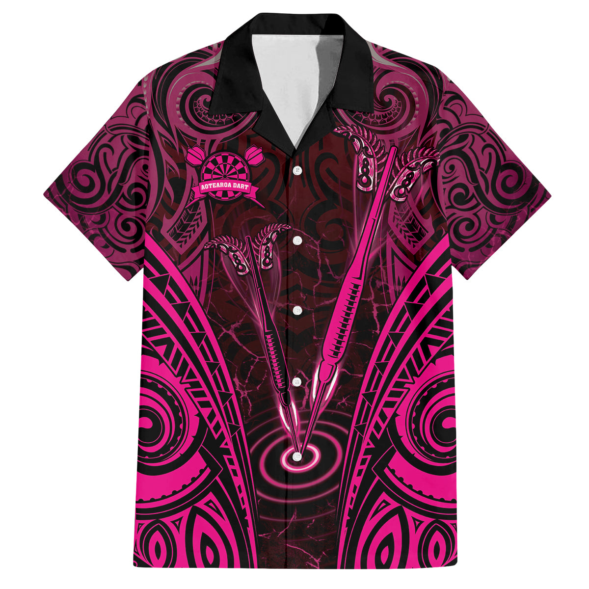 Personalised New Zealand Darts Family Matching Puletasi and Hawaiian Shirt Pink Dart Board Maori Pattern LT05 Dad's Shirt - Short Sleeve Pink - Polynesian Pride