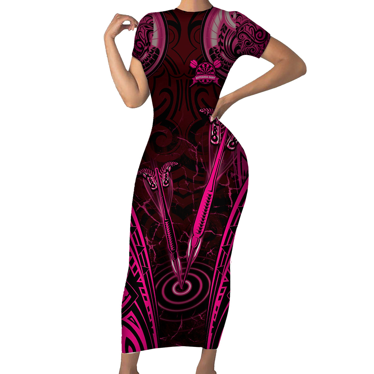 Personalised New Zealand Darts Family Matching Short Sleeve Bodycon Dress and Hawaiian Shirt Pink Dart Board Maori Pattern LT05 Mom's Dress Pink - Polynesian Pride