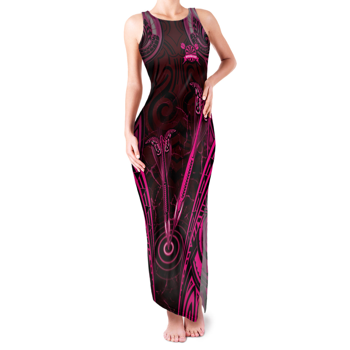 Personalised New Zealand Darts Family Matching Tank Maxi Dress and Hawaiian Shirt Pink Dart Board Maori Pattern LT05 Mom's Dress Pink - Polynesian Pride