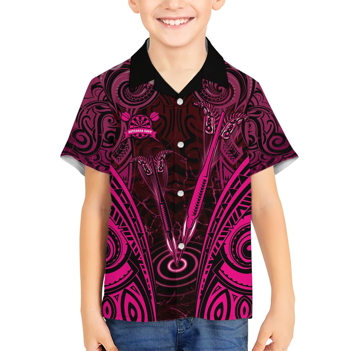 Personalised New Zealand Darts Hawaiian Shirt Pink Dart Board Maori Pattern