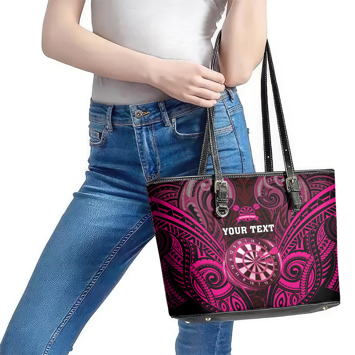 Personalised New Zealand Darts Leather Tote Bag Pink Dart Board Maori Pattern LT05 - Polynesian Pride