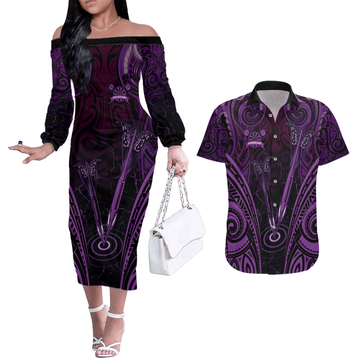 Personalised New Zealand Darts Couples Matching Off The Shoulder Long Sleeve Dress and Hawaiian Shirt Purple Dart Board Maori Pattern LT05 Purple - Polynesian Pride