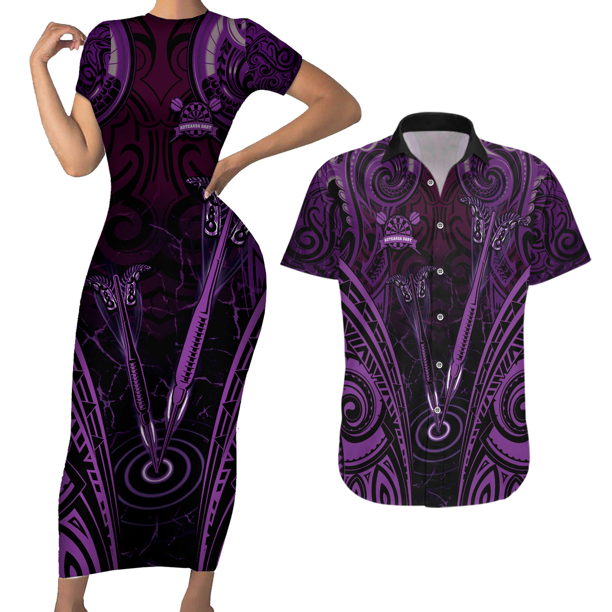 Personalised New Zealand Darts Couples Matching Short Sleeve Bodycon Dress and Hawaiian Shirt Purple Dart Board Maori Pattern LT05 Purple - Polynesian Pride
