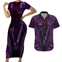 Personalised New Zealand Darts Couples Matching Short Sleeve Bodycon Dress and Hawaiian Shirt Purple Dart Board Maori Pattern LT05 Purple - Polynesian Pride