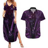 Personalised New Zealand Darts Couples Matching Summer Maxi Dress and Hawaiian Shirt Purple Dart Board Maori Pattern