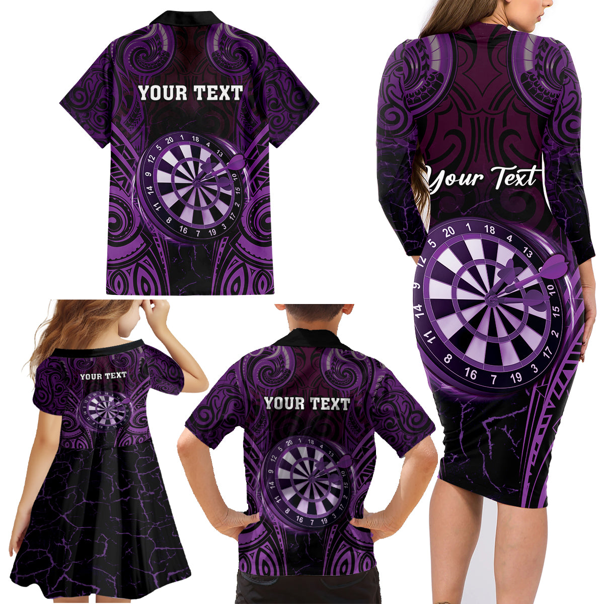 Personalised New Zealand Darts Family Matching Long Sleeve Bodycon Dress and Hawaiian Shirt Purple Dart Board Maori Pattern LT05 - Polynesian Pride