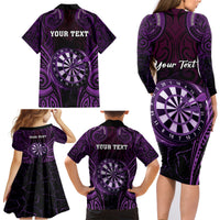 Personalised New Zealand Darts Family Matching Long Sleeve Bodycon Dress and Hawaiian Shirt Purple Dart Board Maori Pattern LT05 - Polynesian Pride
