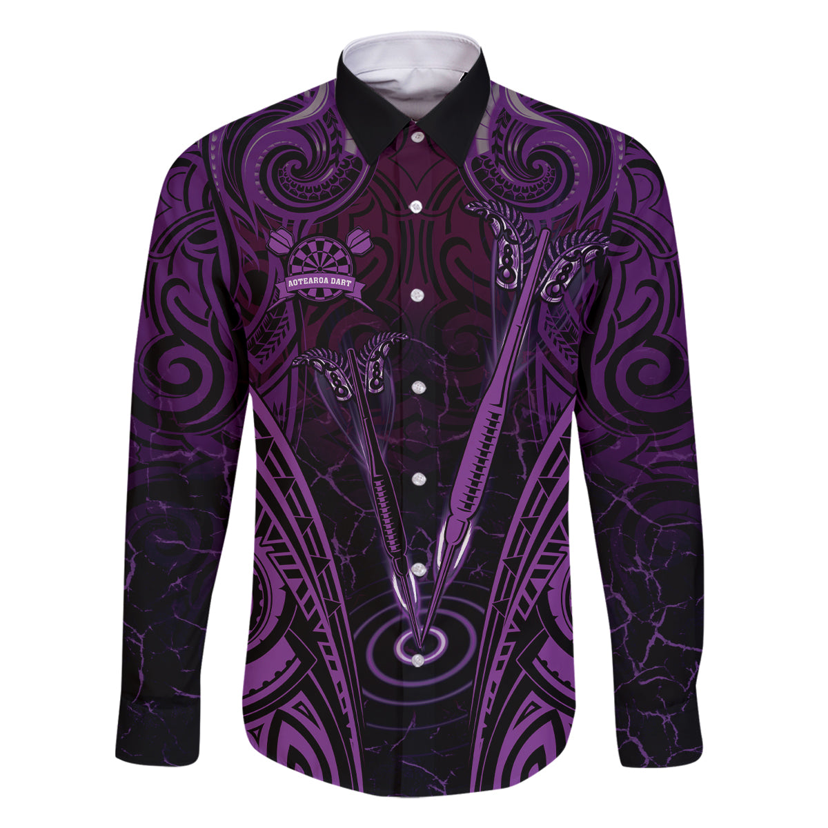 Personalised New Zealand Darts Family Matching Long Sleeve Bodycon Dress and Hawaiian Shirt Purple Dart Board Maori Pattern LT05 Dad's Shirt - Long Sleeve Purple - Polynesian Pride