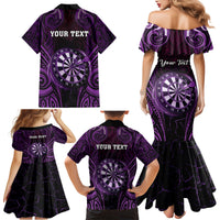 Personalised New Zealand Darts Family Matching Mermaid Dress and Hawaiian Shirt Purple Dart Board Maori Pattern LT05 - Polynesian Pride