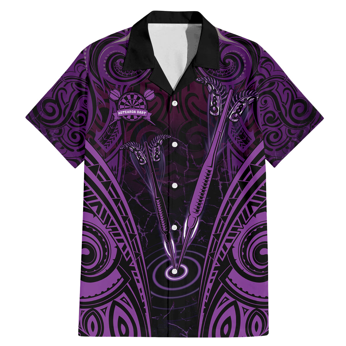 Personalised New Zealand Darts Family Matching Mermaid Dress and Hawaiian Shirt Purple Dart Board Maori Pattern LT05 Dad's Shirt - Short Sleeve Purple - Polynesian Pride