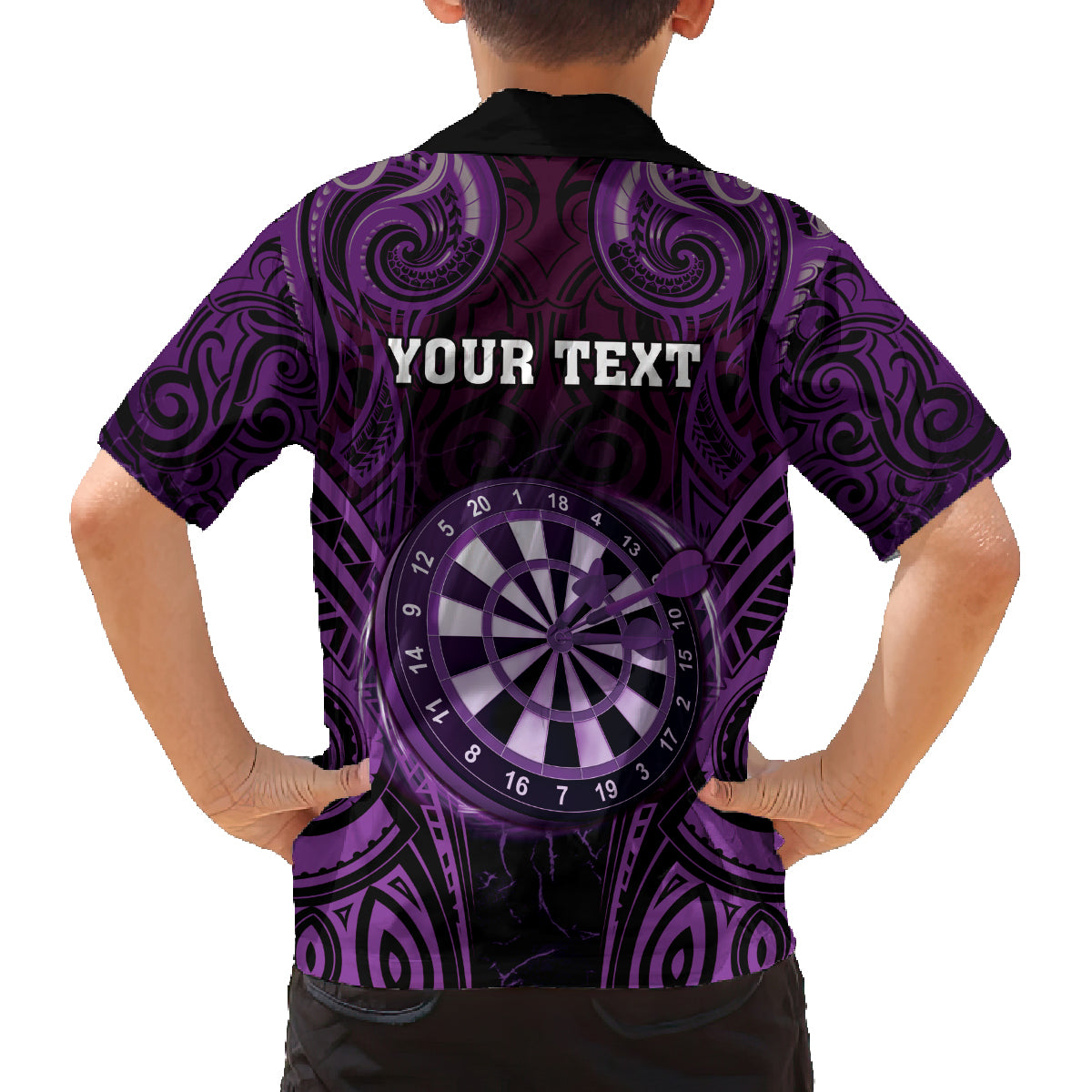Personalised New Zealand Darts Family Matching Off The Shoulder Long Sleeve Dress and Hawaiian Shirt Purple Dart Board Maori Pattern LT05 - Polynesian Pride