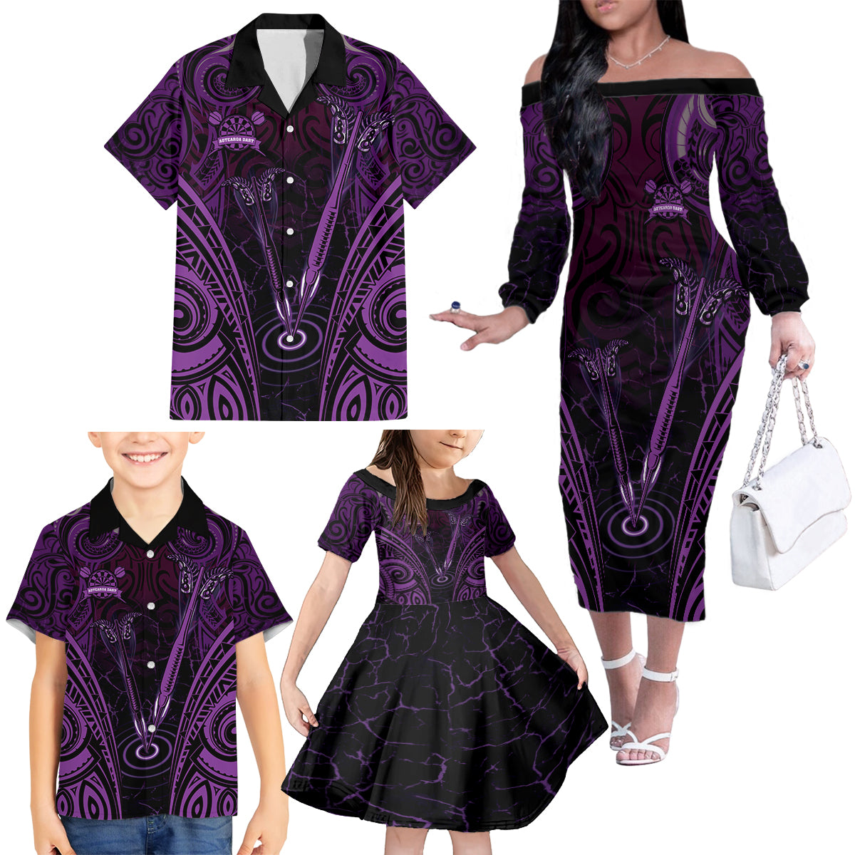 Personalised New Zealand Darts Family Matching Off The Shoulder Long Sleeve Dress and Hawaiian Shirt Purple Dart Board Maori Pattern LT05 - Polynesian Pride