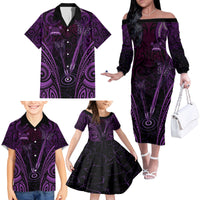 Personalised New Zealand Darts Family Matching Off The Shoulder Long Sleeve Dress and Hawaiian Shirt Purple Dart Board Maori Pattern LT05 - Polynesian Pride