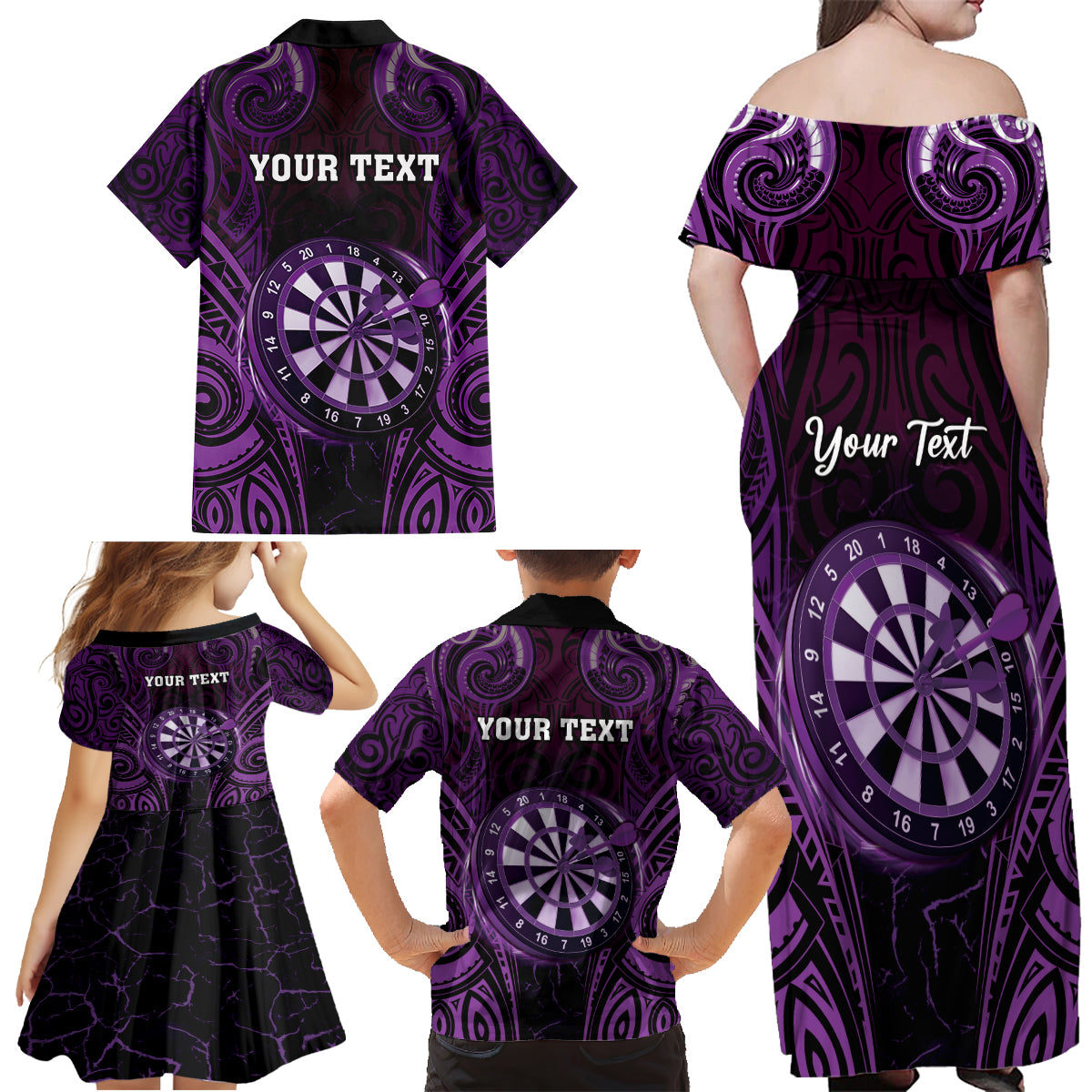 Personalised New Zealand Darts Family Matching Off Shoulder Maxi Dress and Hawaiian Shirt Purple Dart Board Maori Pattern LT05 - Polynesian Pride