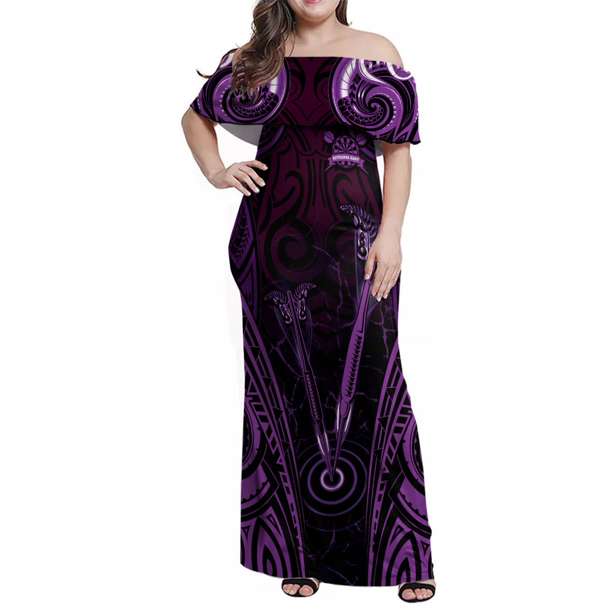 Personalised New Zealand Darts Family Matching Off Shoulder Maxi Dress and Hawaiian Shirt Purple Dart Board Maori Pattern LT05 Mom's Dress Purple - Polynesian Pride