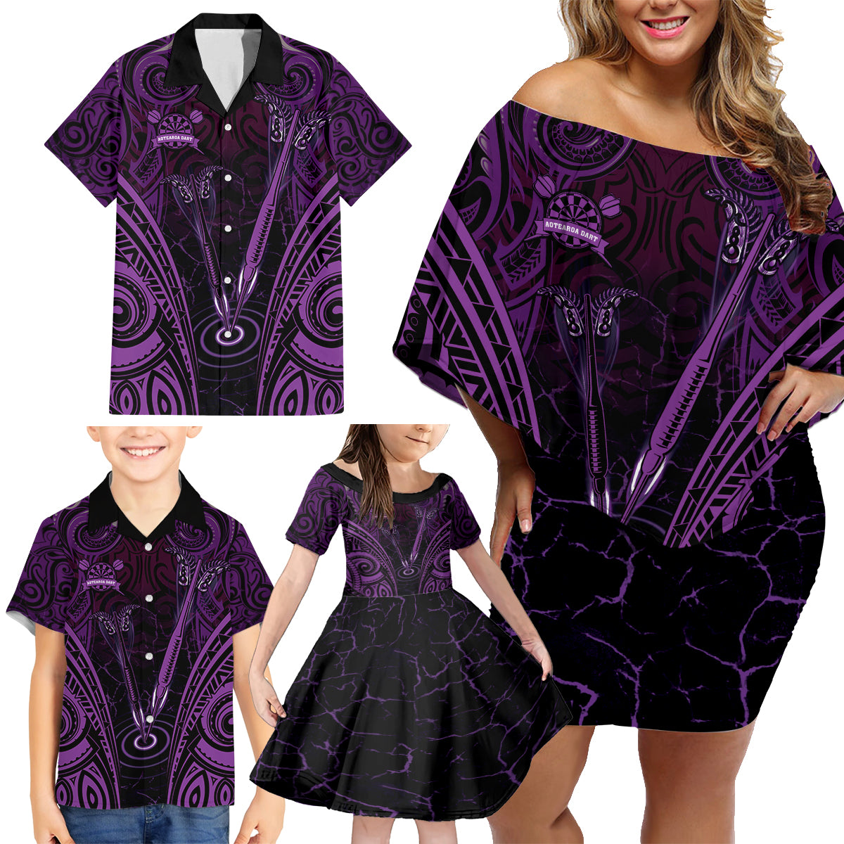 Personalised New Zealand Darts Family Matching Off Shoulder Short Dress and Hawaiian Shirt Purple Dart Board Maori Pattern LT05 - Polynesian Pride