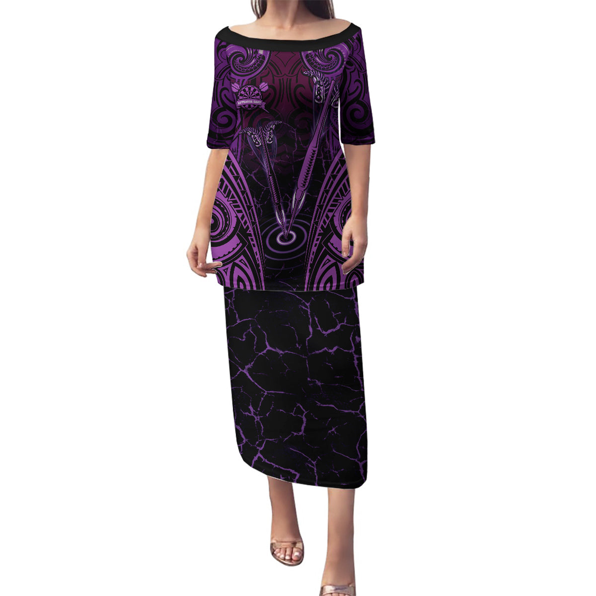 Personalised New Zealand Darts Family Matching Puletasi and Hawaiian Shirt Purple Dart Board Maori Pattern LT05 Mom's Dress Purple - Polynesian Pride